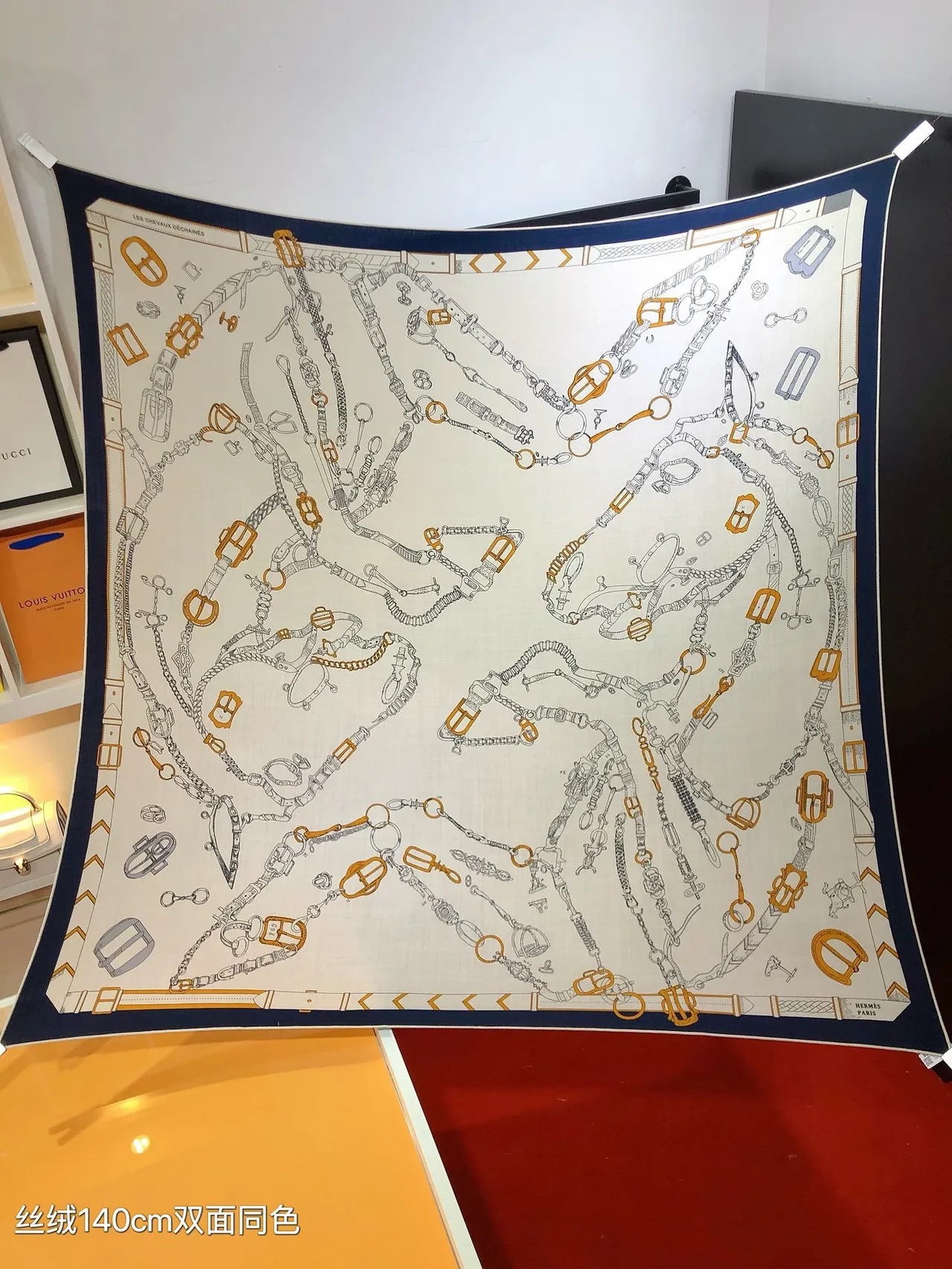 Hermès Les Éléments Beige Navy Equestrian Motif Print Border Silk Scarf 5