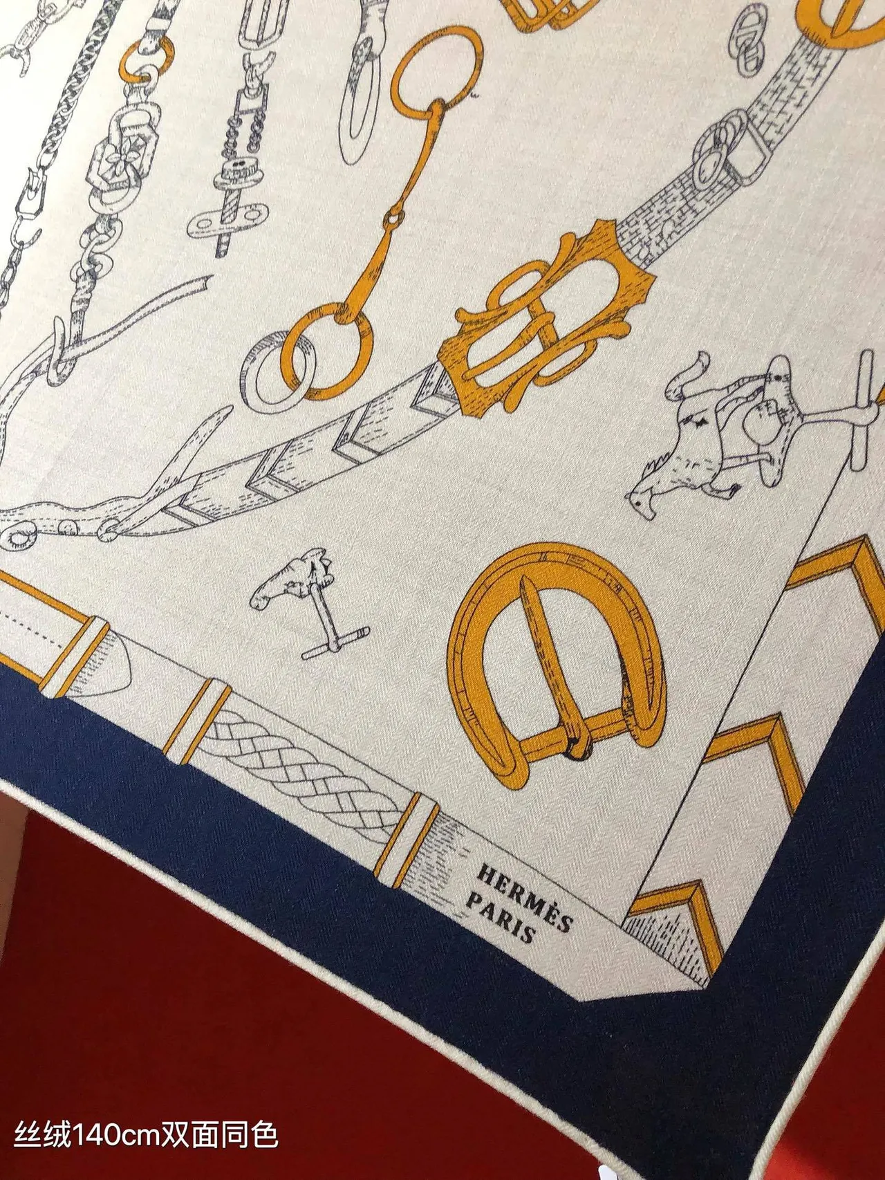 Hermès Les Éléments Beige Navy Equestrian Motif Print Border Silk Scarf 6