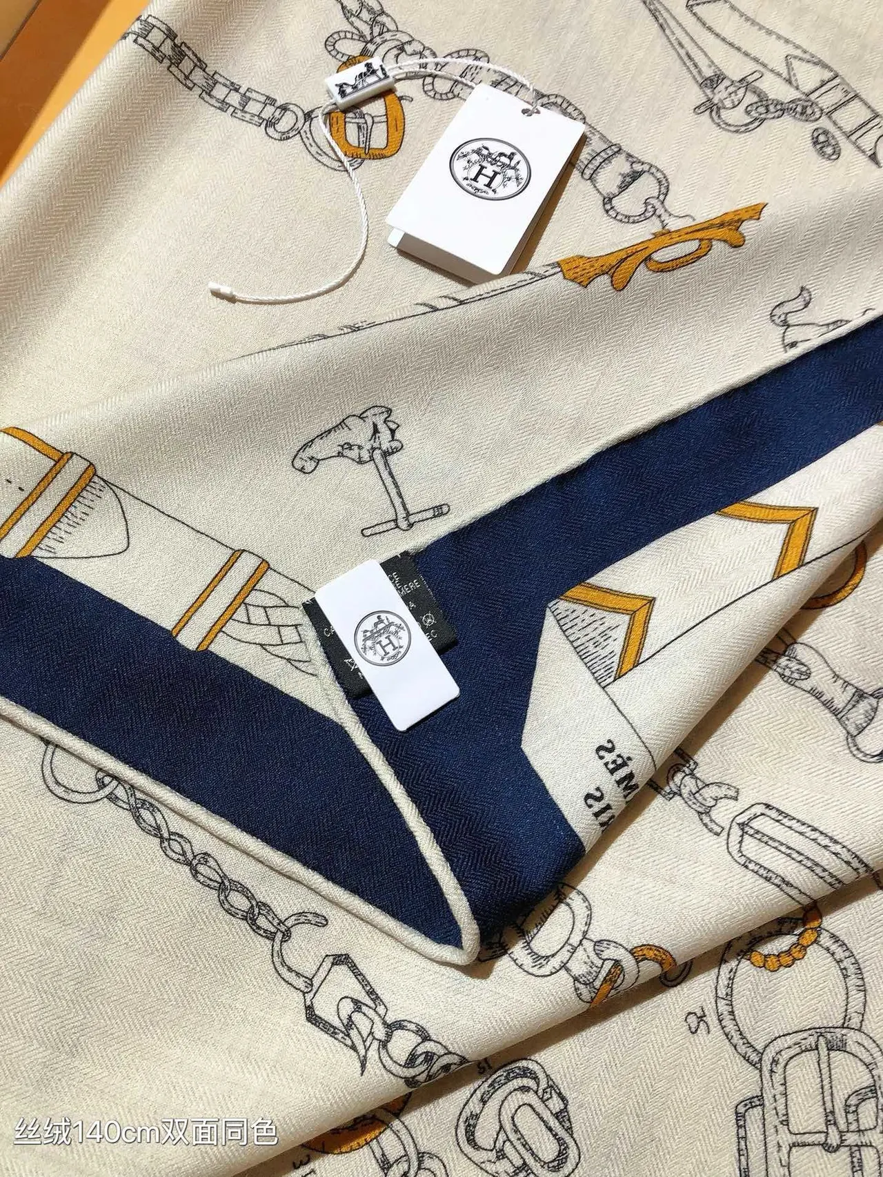Hermès Les Éléments Beige Navy Equestrian Motif Print Border Silk Scarf 8