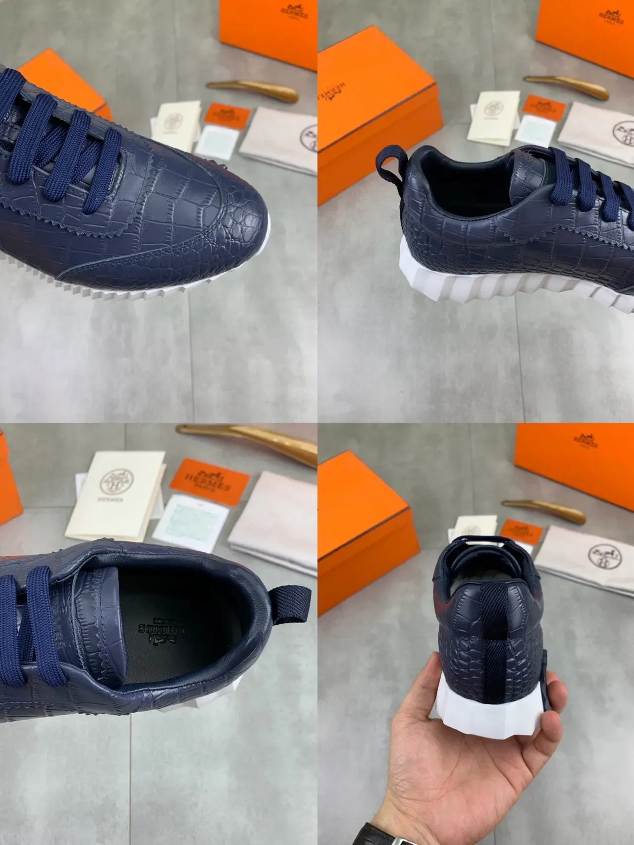 Hermès Navy Croc-Embossed Leather Lifestyle Sneaker 2