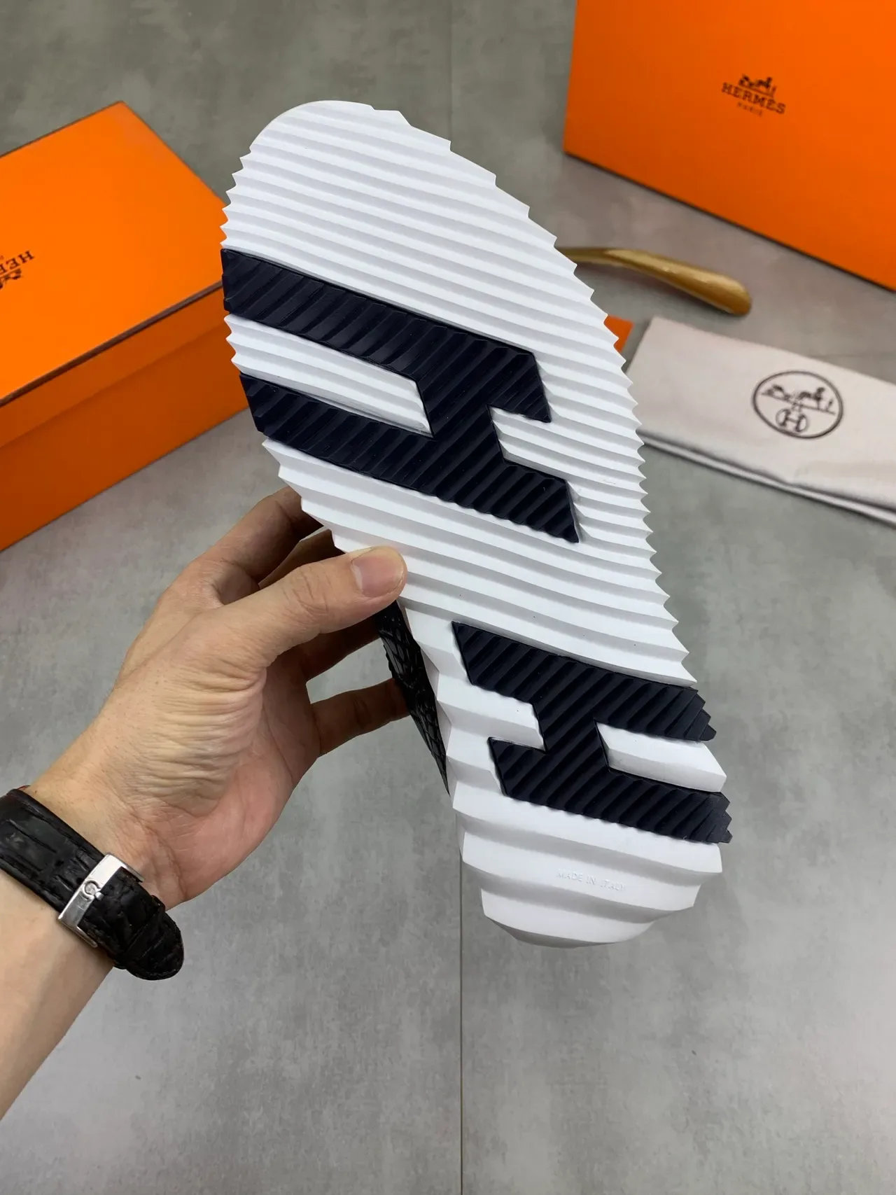 Hermès Navy Croc-Embossed Leather Lifestyle Sneaker 3