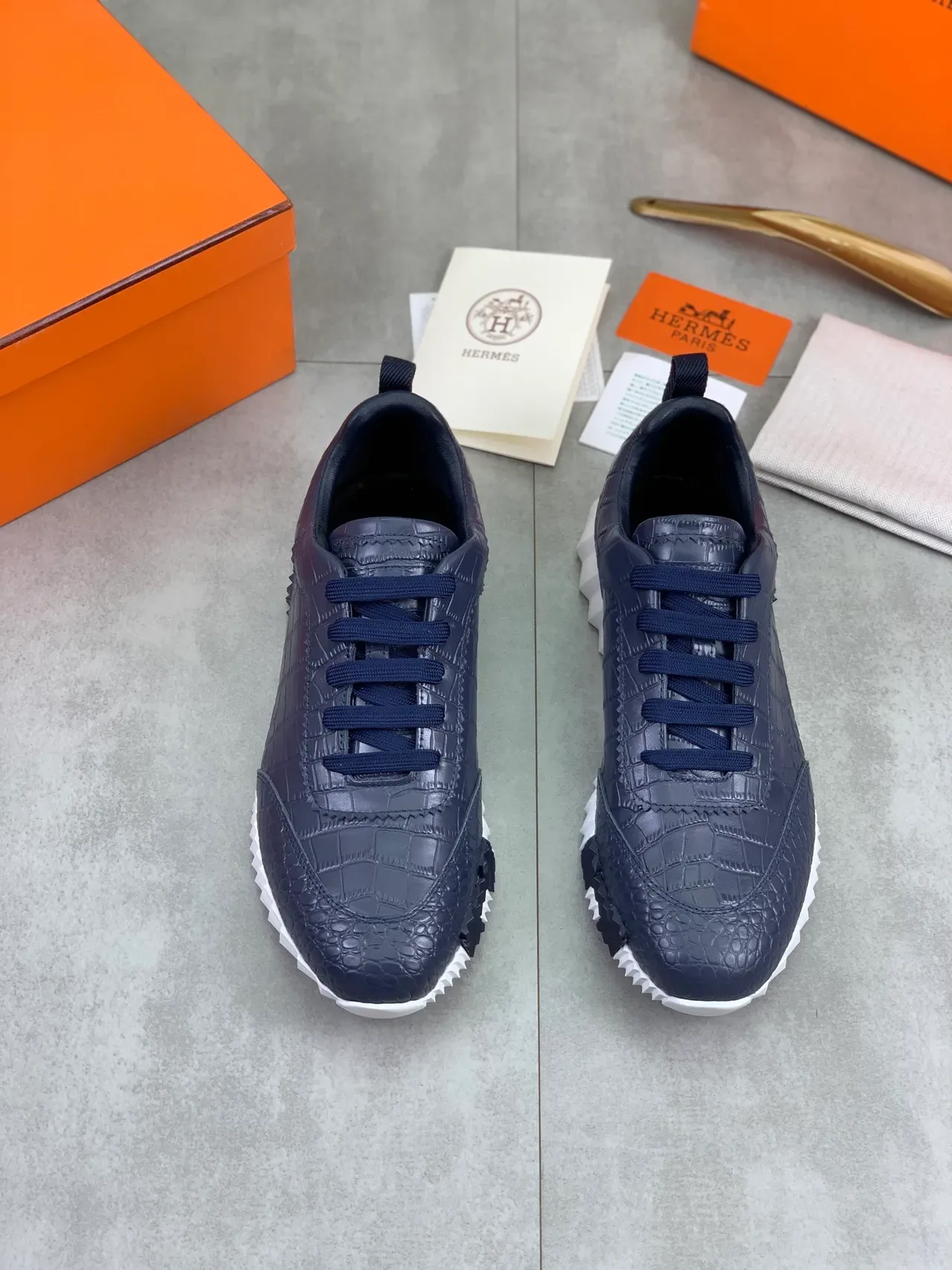Hermès Navy Croc-Embossed Leather Lifestyle Sneaker 4