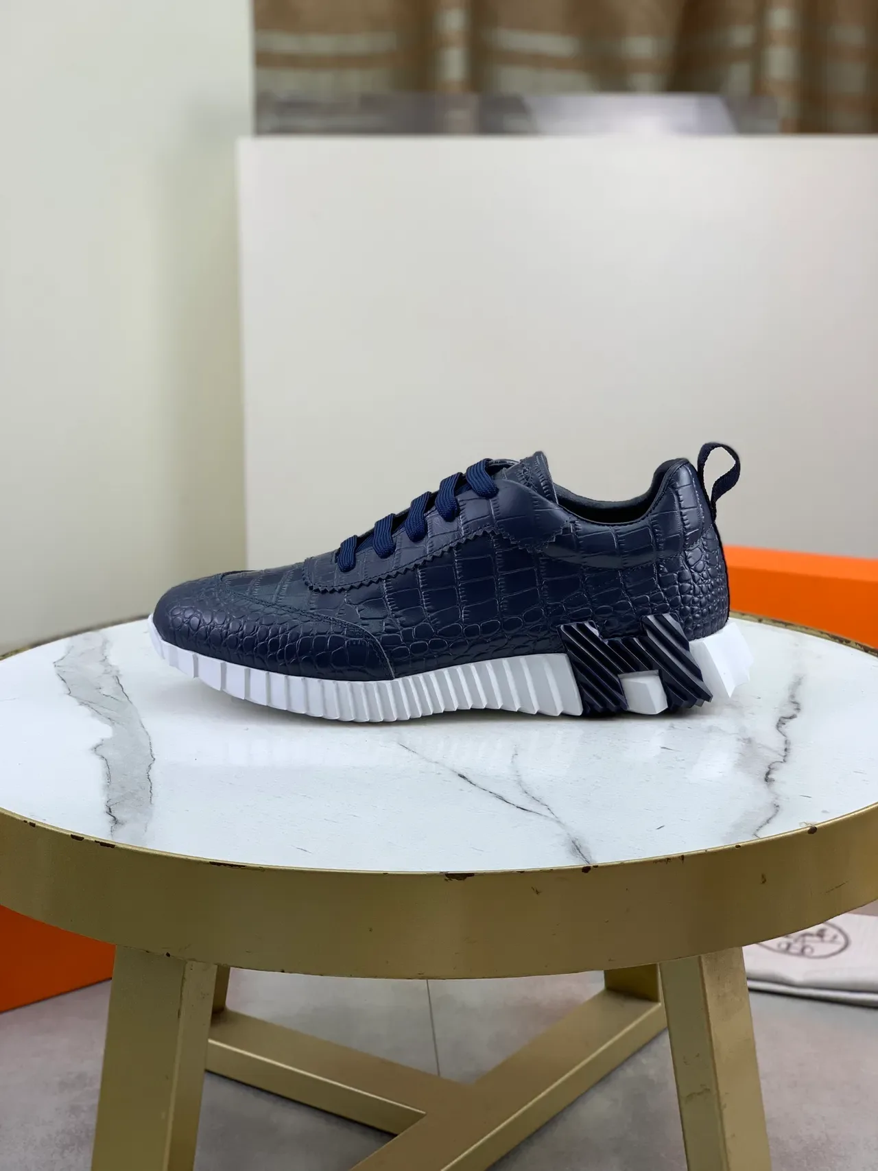 Hermès Navy Croc-Embossed Leather Lifestyle Sneaker 5
