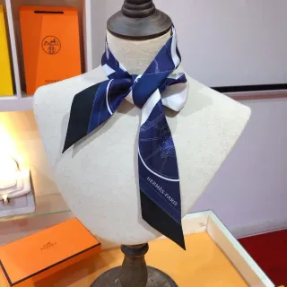Hermès नेवी व्हाइट ब्लू प्रिंटेड टेक्स्ट रेशम स्कार्फ