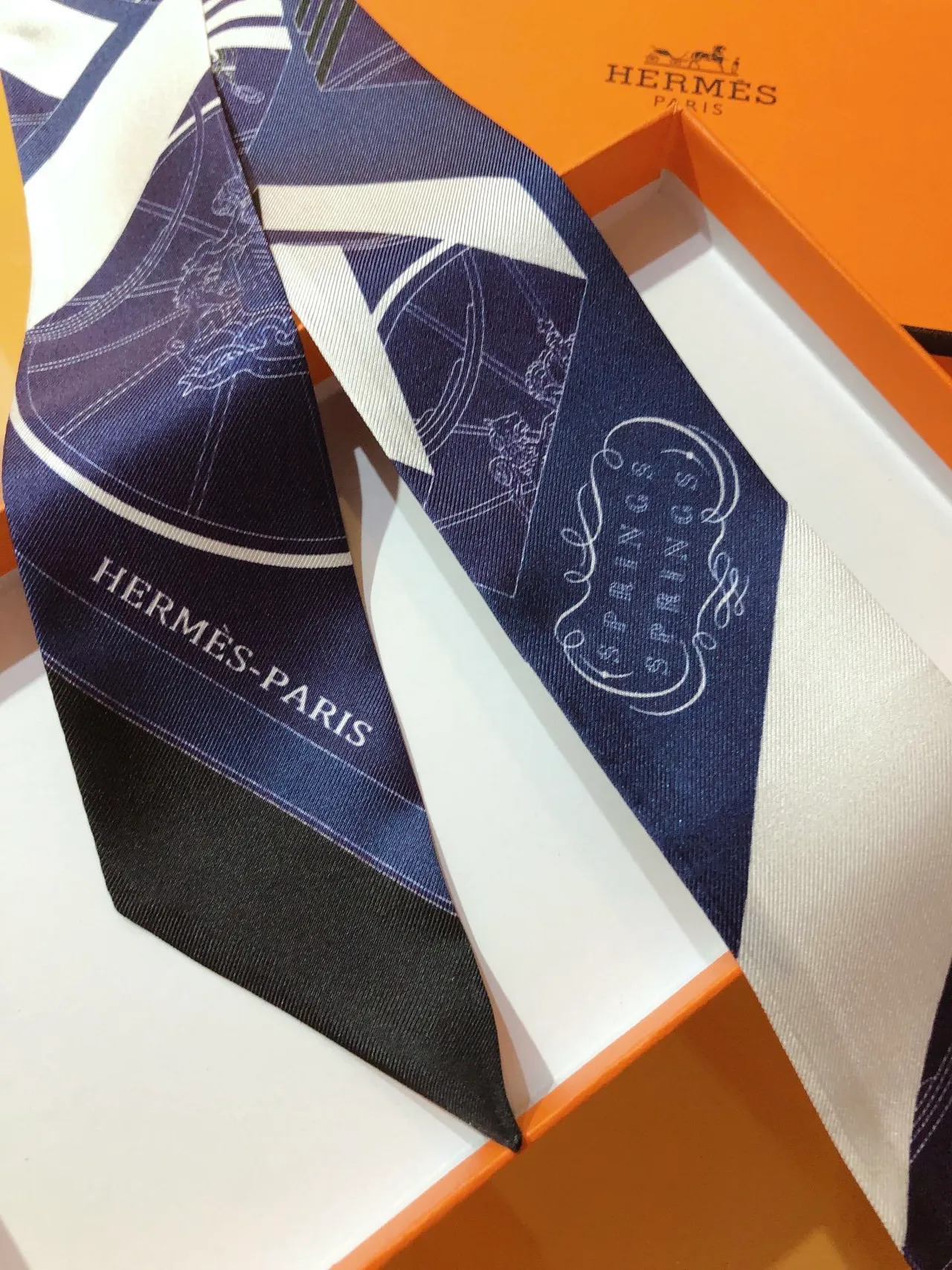 Hermès Navy White Blue Printed Text Silk Scarf 8
