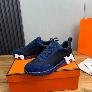 Hermès Navy White Suede And Mesh Upper Sculpted Ridged Rubber Sole Lifestyle Sneakers