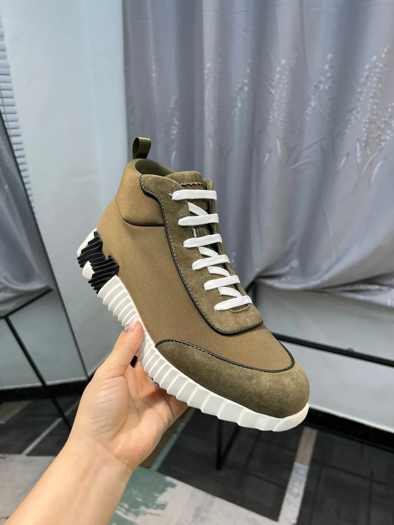 Hermès Olive Green Suede and Leather High-Top Lifestyle Sneaker 6