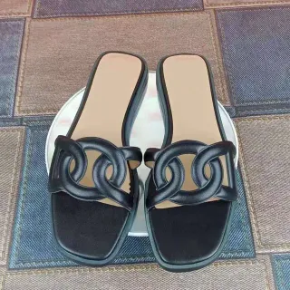 Hermès Oran Black Interlocking H Strap Slippers