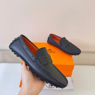 Hermès Oran Loafer Couro Preto Laranja Pebbled Borda Trançada