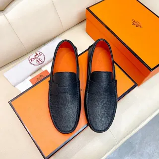 Hermès Oran Preto Couro Granulado H-Strap Loafers