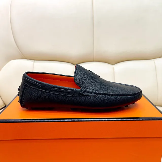 Hermès Oran Black Pebbled Leather H-Strap Loafers 2
