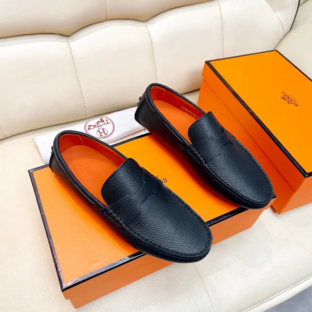 Hermès Oran Black Pebbled Leather H-Strap Loafers 6