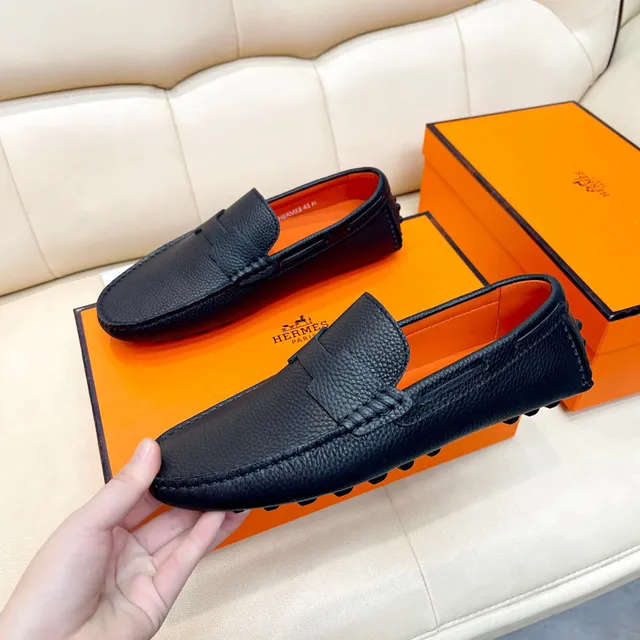 Hermès Oran Black Pebbled Leather H-Strap Loafers 8
