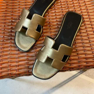 Hermès Oran Gold Leather H-Strap Slippers
