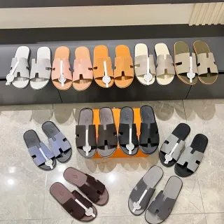 Hermès Oran ग्रे व्हाइट H-आकार का पट्टा फ्लैट सोल चप्पल