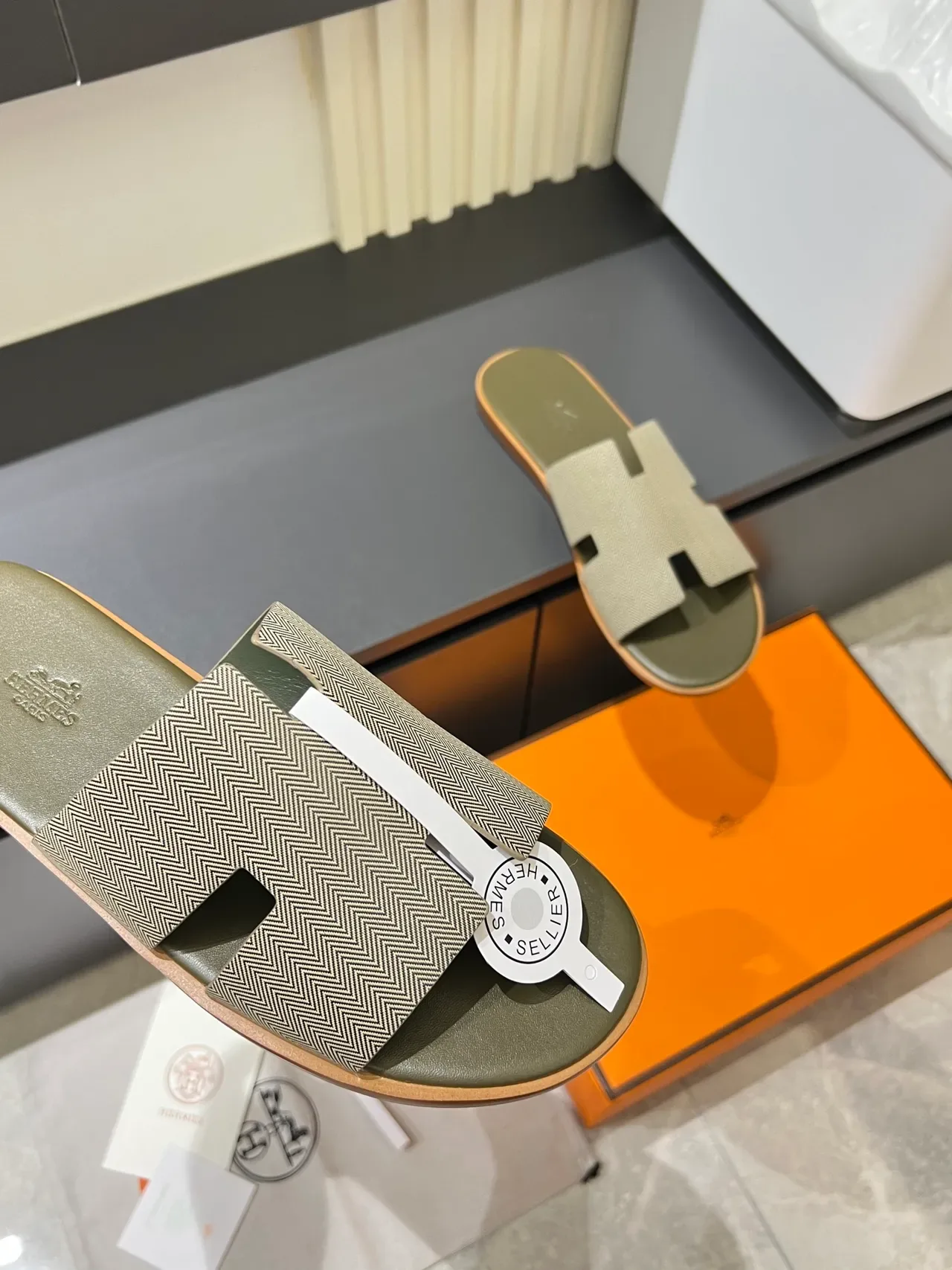 Hermès Oran Gray White H-Shaped Strap Flat Sole Slippers 2