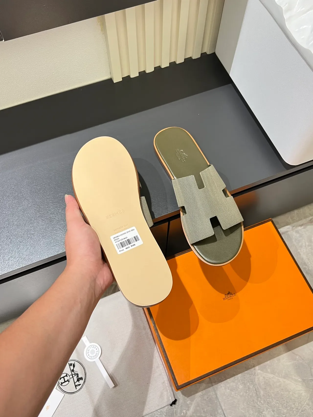 Hermès Oran Gray White H-Shaped Strap Flat Sole Slippers 3