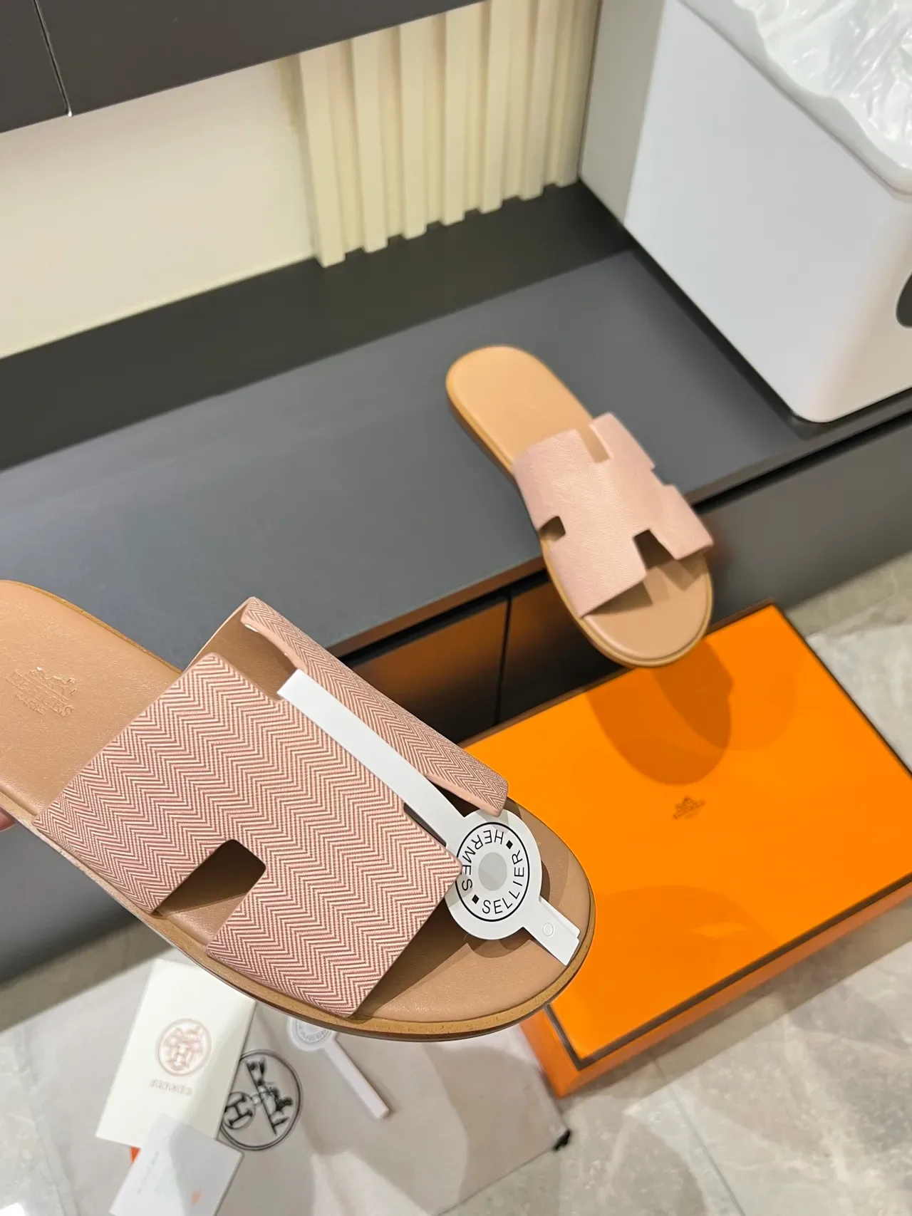 Hermès Oran Gray White H-Shaped Strap Flat Sole Slippers 4