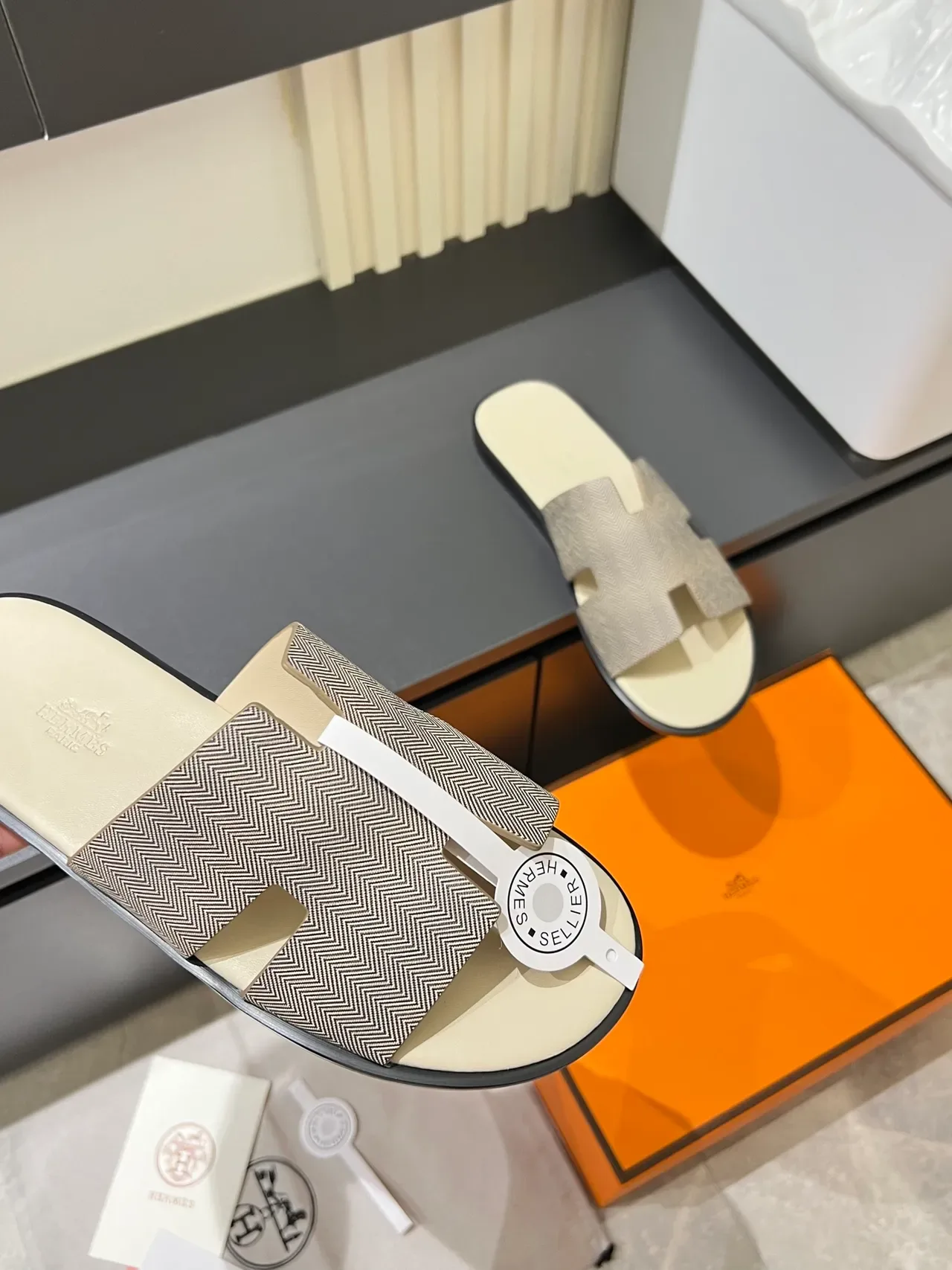 Hermès Oran Gray White H-Shaped Strap Flat Sole Slippers 5