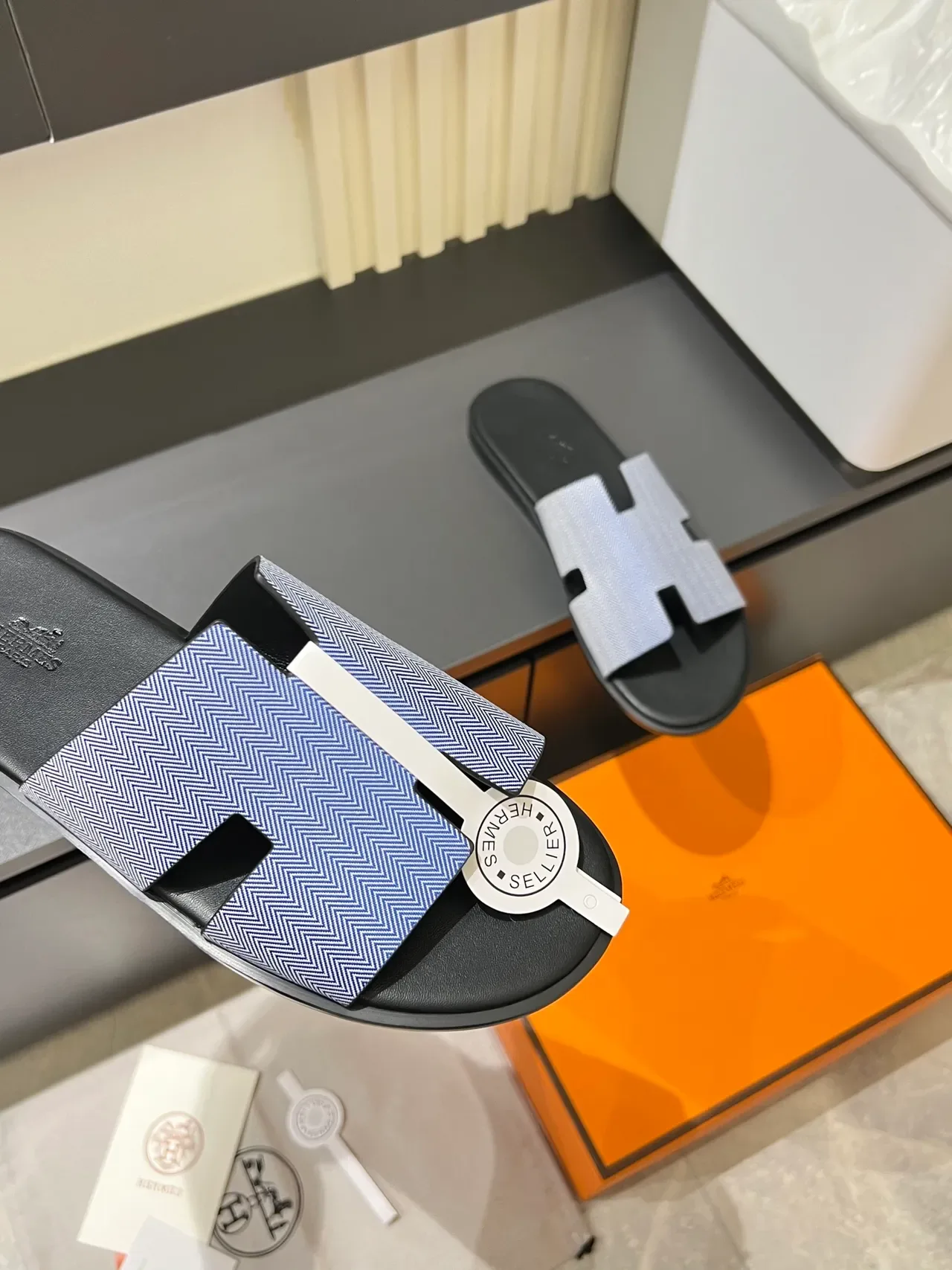 Hermès Oran Gray White H-Shaped Strap Flat Sole Slippers 6