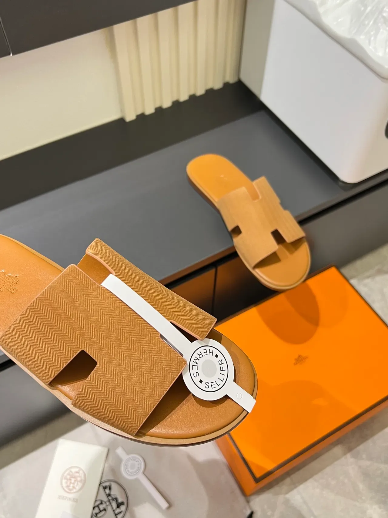 Hermès Oran Gray White H-Shaped Strap Flat Sole Slippers 7