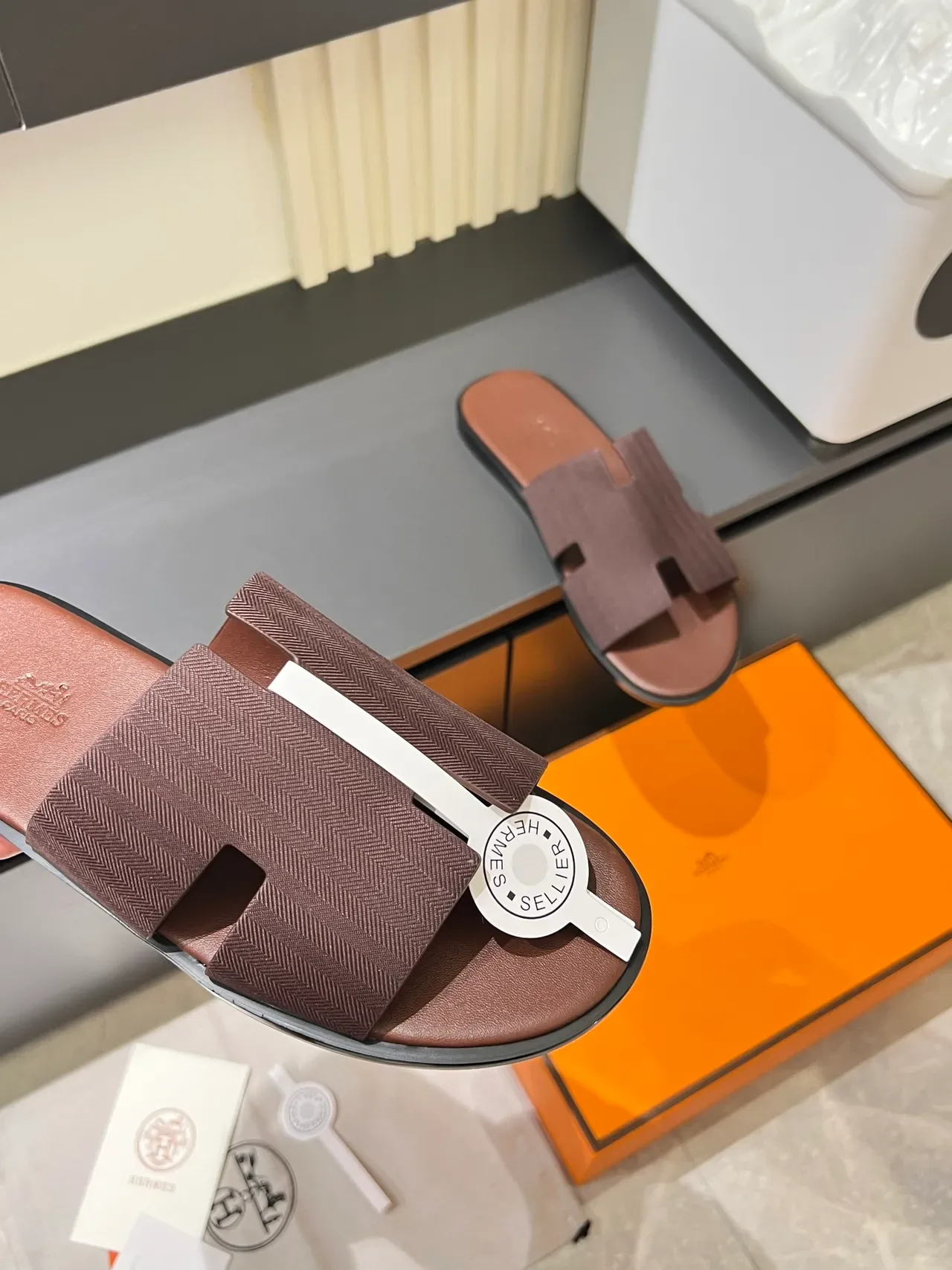 Hermès Oran Gray White H-Shaped Strap Flat Sole Slippers 11