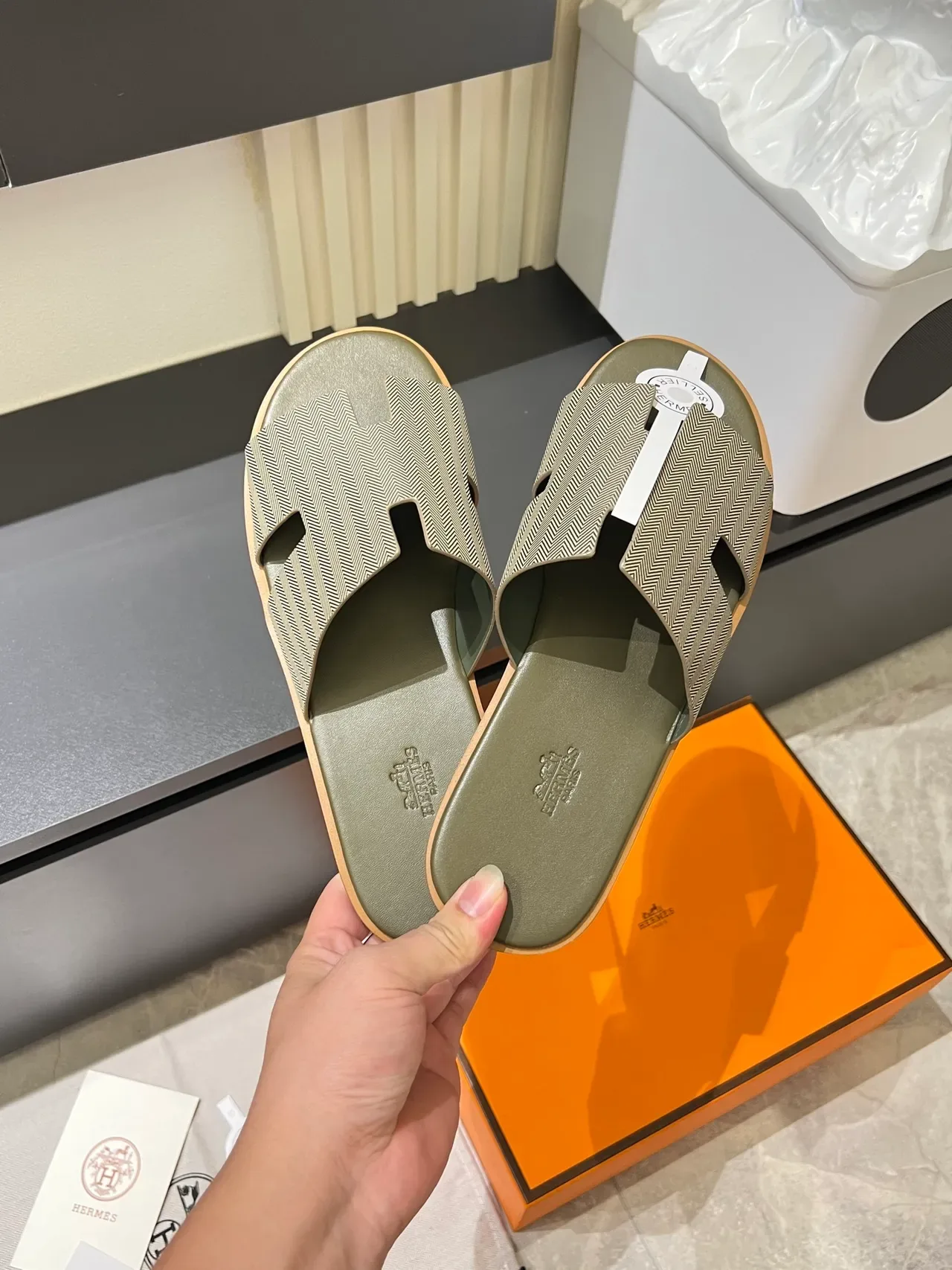 Hermès Oran Gray White H-Shaped Strap Flat Sole Slippers 14