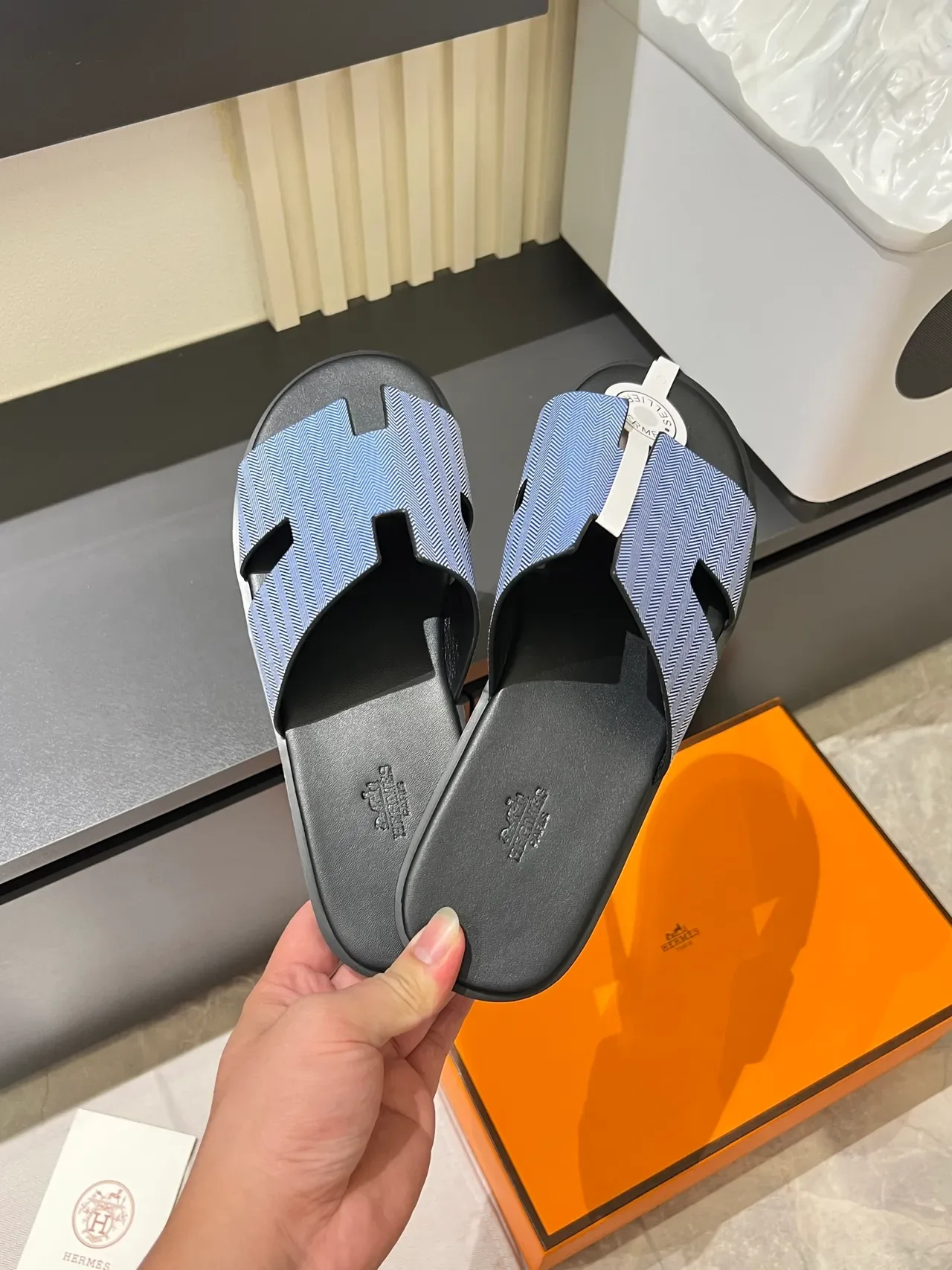Hermès Oran Gray White H-Shaped Strap Flat Sole Slippers 17