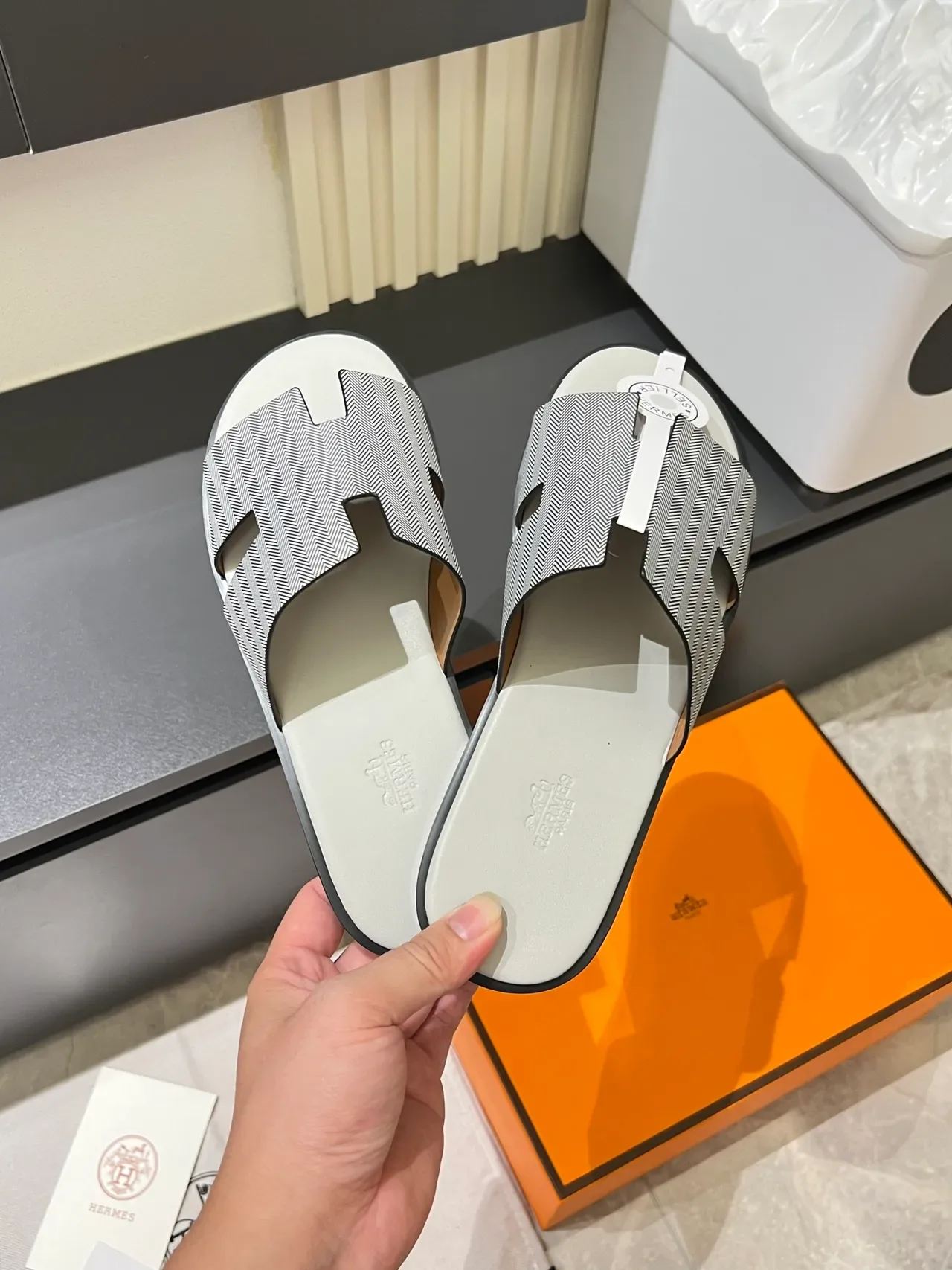 Hermès Oran Gray White H-Shaped Strap Flat Sole Slippers 20