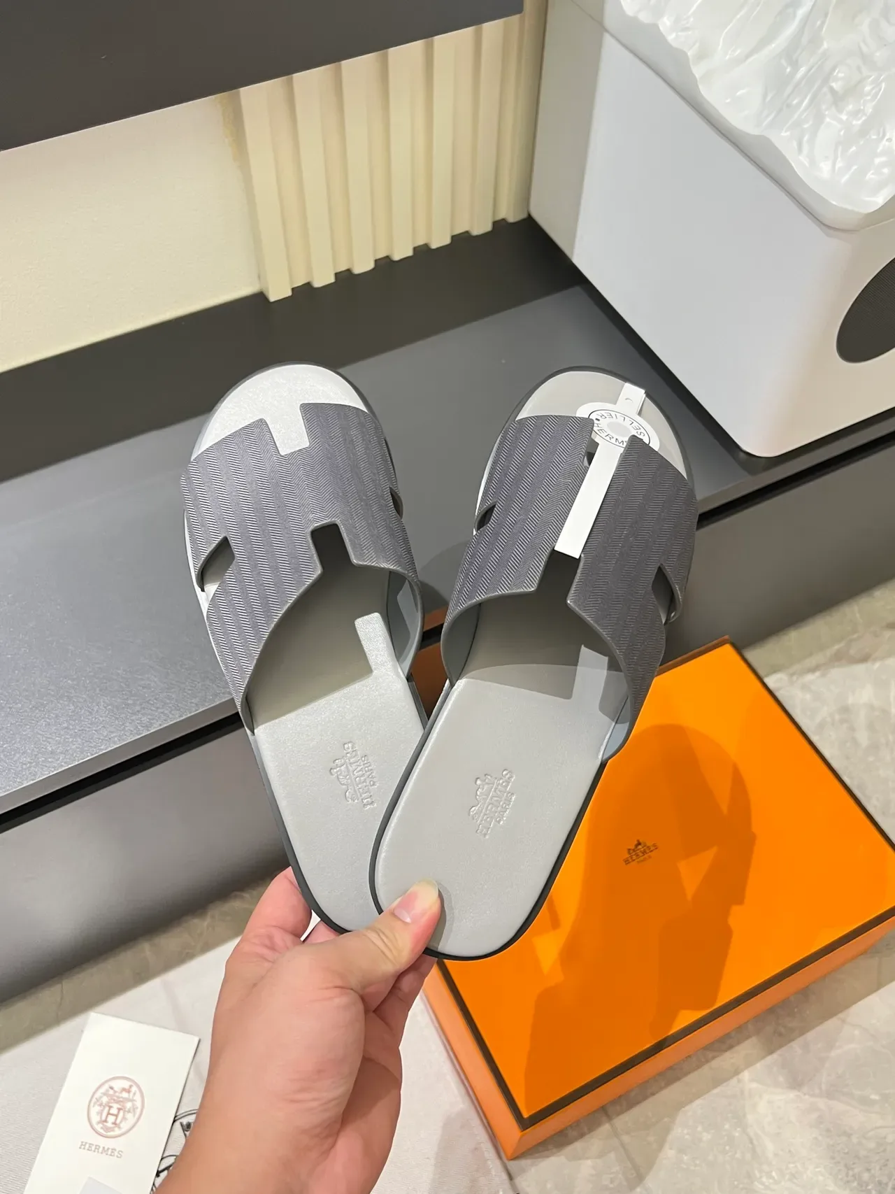 Hermès Oran Gray White H-Shaped Strap Flat Sole Slippers 21