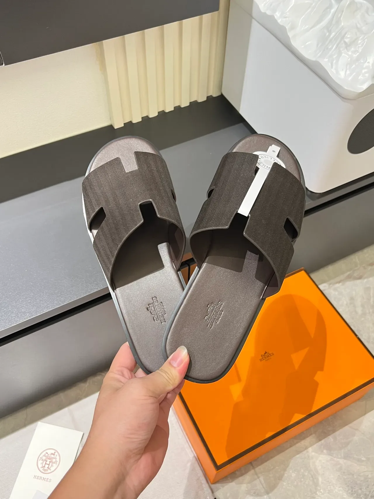 Hermès Oran Gray White H-Shaped Strap Flat Sole Slippers 23