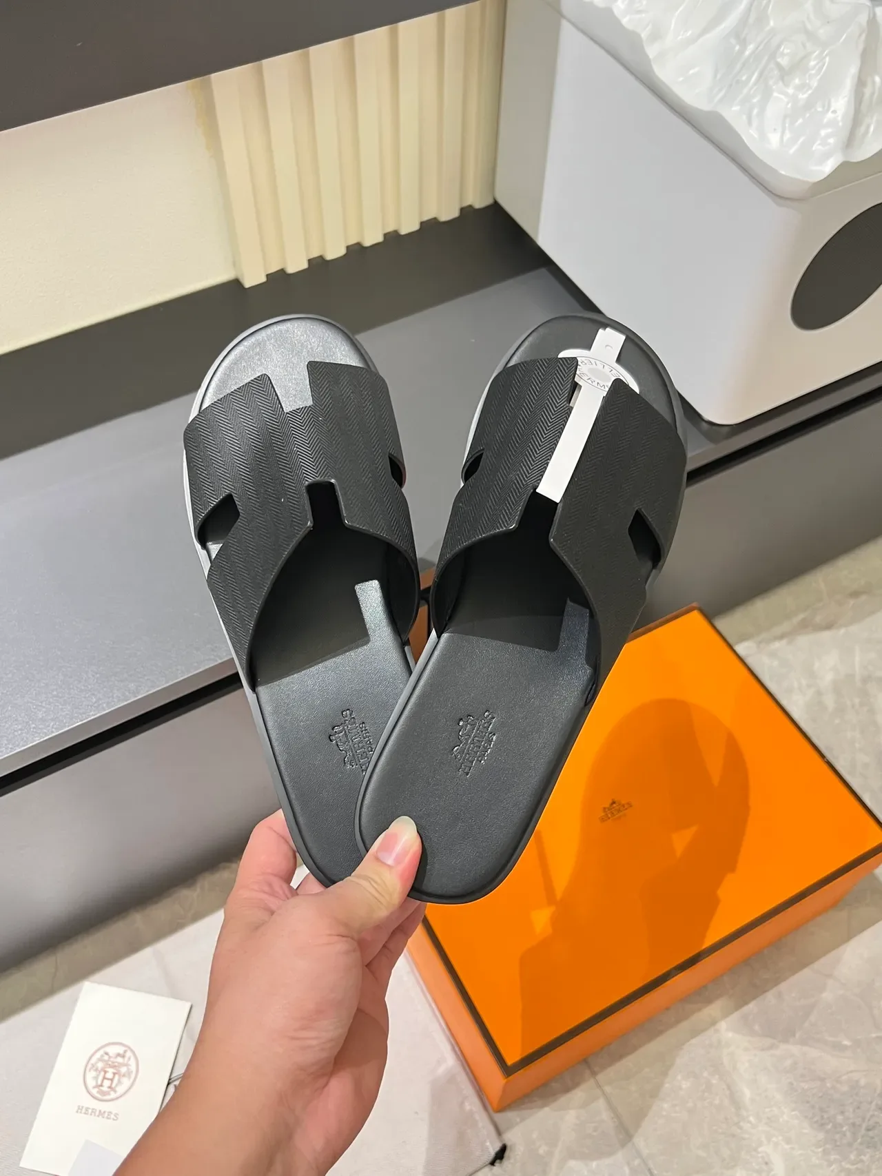 Hermès Oran Gray White H-Shaped Strap Flat Sole Slippers 24