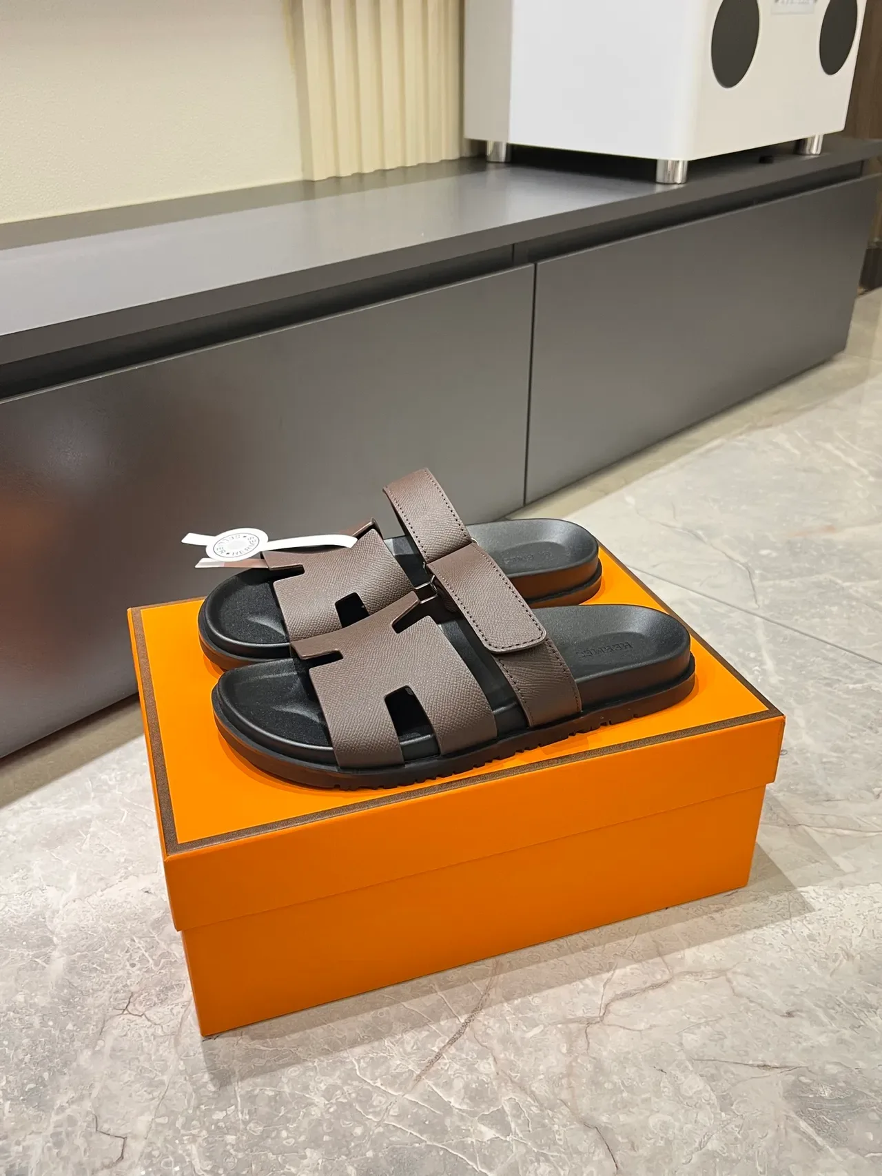 Hermès Oran H-Strap Leather Slide Slippers 23