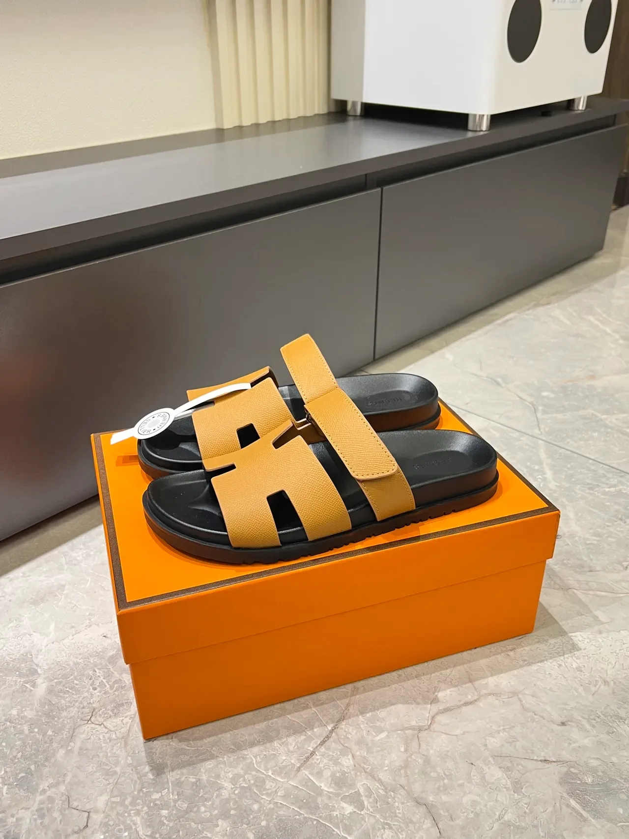 Hermès Oran H-Strap Leather Slide Slippers 24