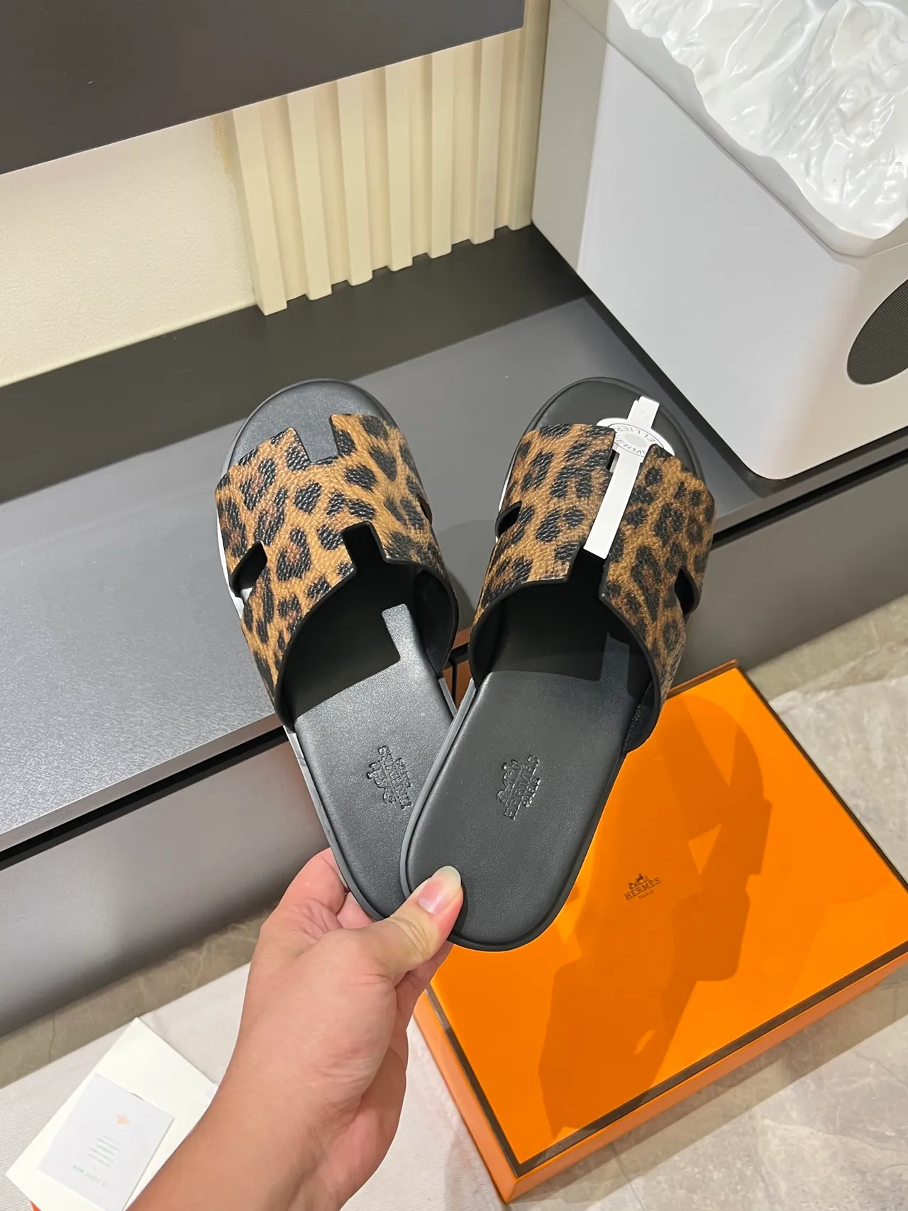Hermès Oran Leopard-Print H-Strap Slippers 10