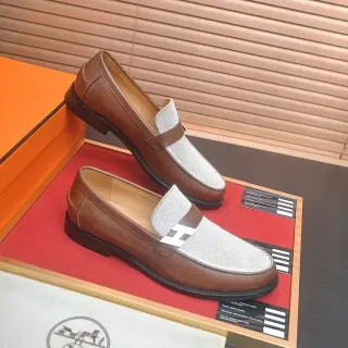 Hermès Oran Marrón y Beige Tela Texturizada Dos Tonos Mocasines