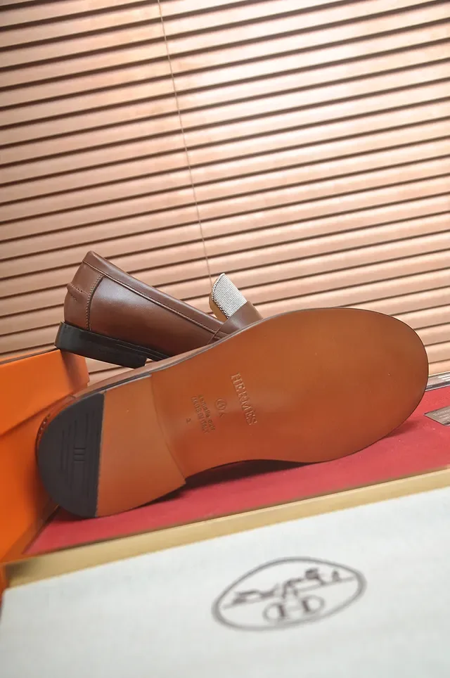 Hermès Oran Marron et Beige Tissu Texturé Deux Tons Mocassins 4
