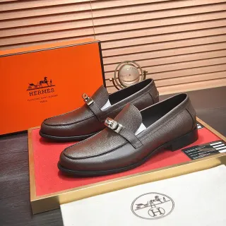 Hermès Oran Loafer Brown Pebbled Leather Metal Buckle Loafers