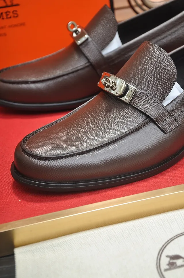 Hermès Oran Loafer Brown Pebbled Leather Metal Buckle Loafers 2