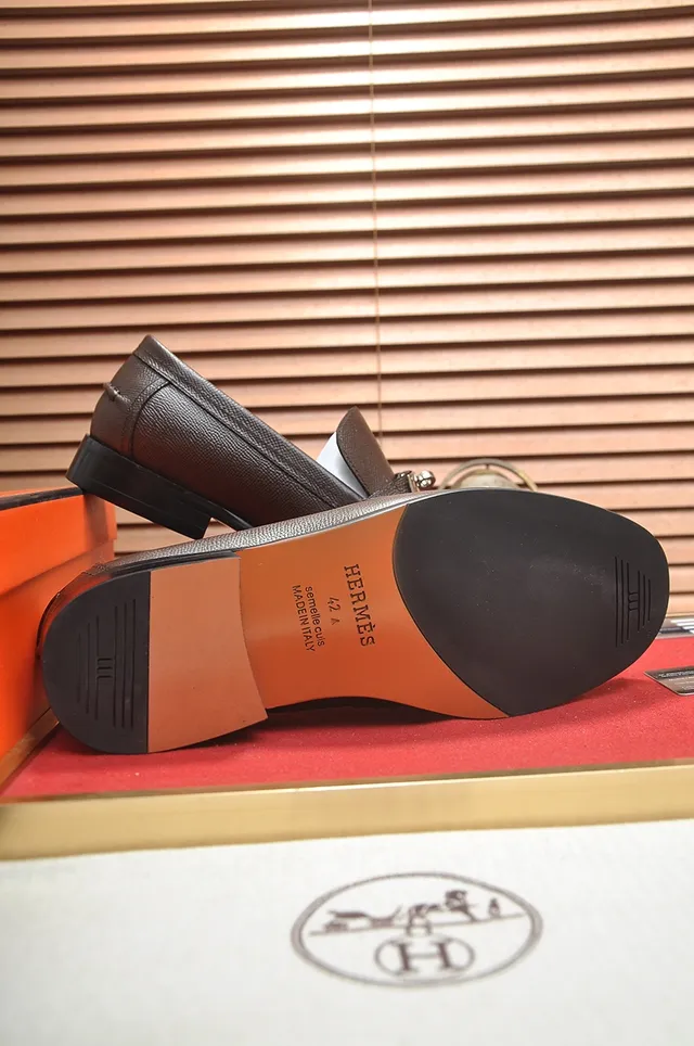 Hermès Oran Loafer Brown Pebbled Leather Metal Buckle Loafers 3