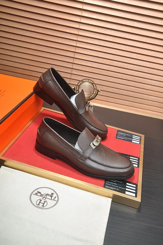Hermès Oran Loafer Brown Pebbled Leather Metal Buckle Loafers 4