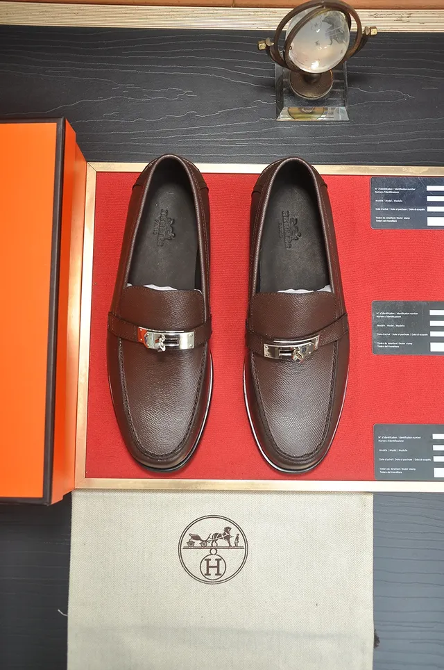 Hermès Oran Loafer Brown Pebbled Leather Metal Buckle Loafers 5