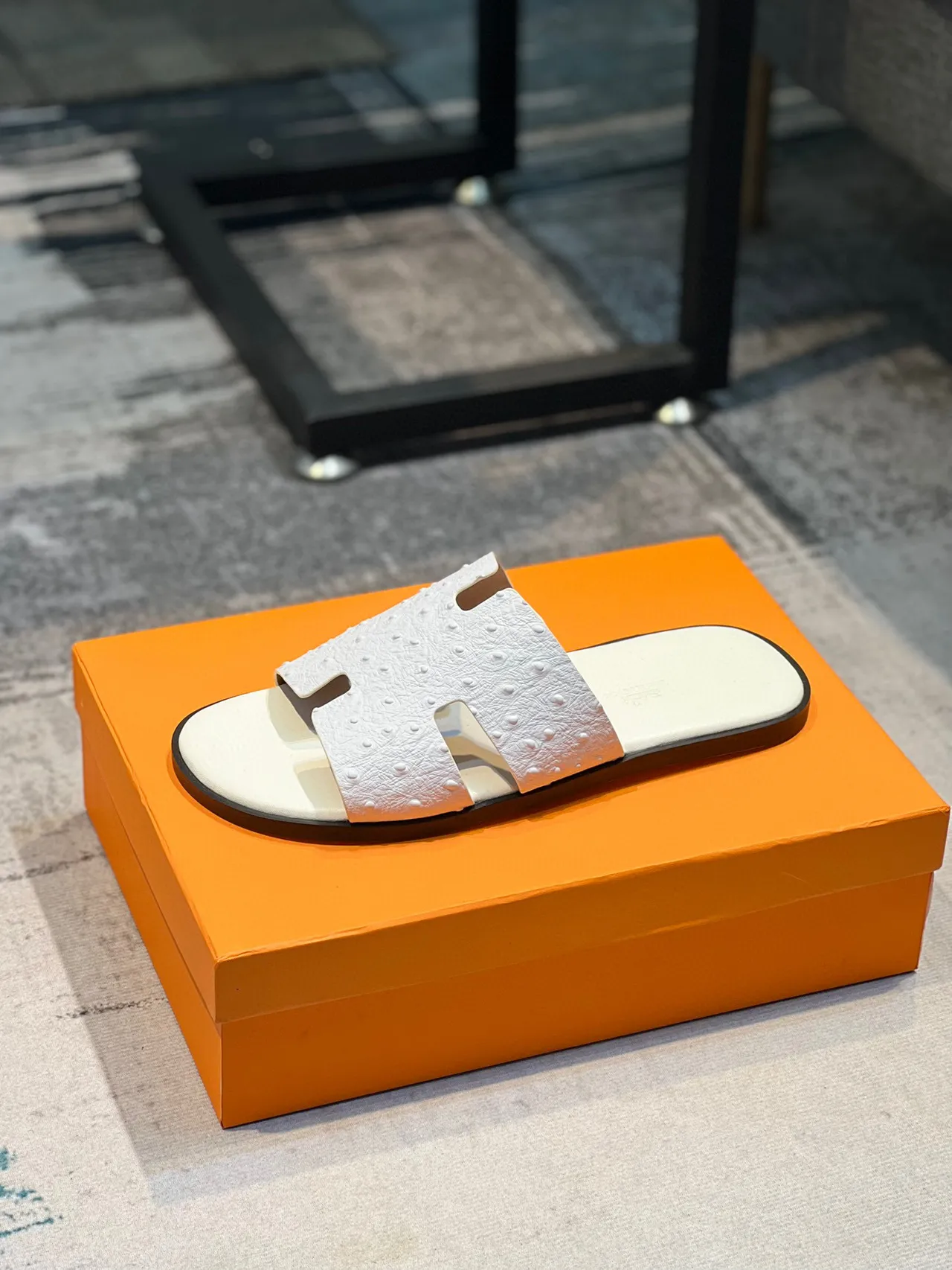 Hermès Oran Slide White Ostrich Leather Slippers 2