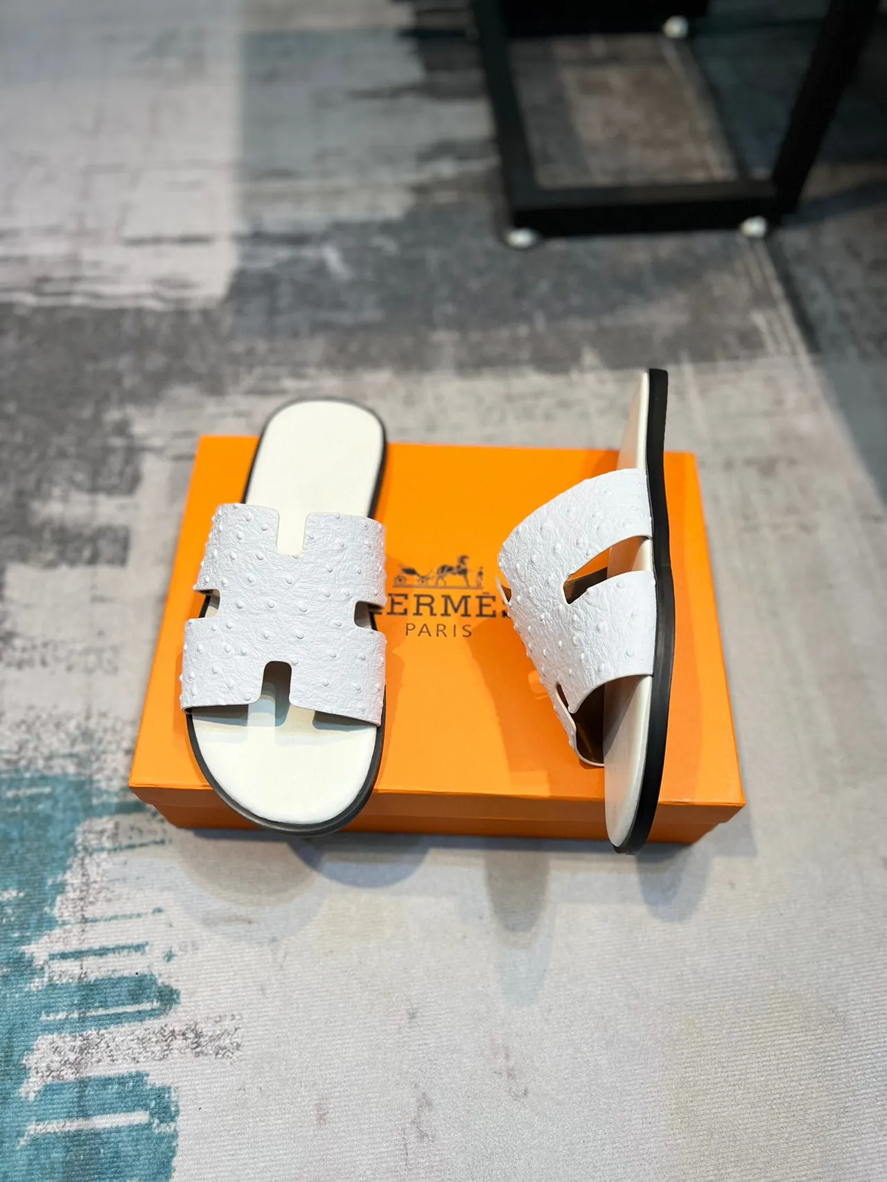 Hermès Oran Slide White Ostrich Leather Slippers 5
