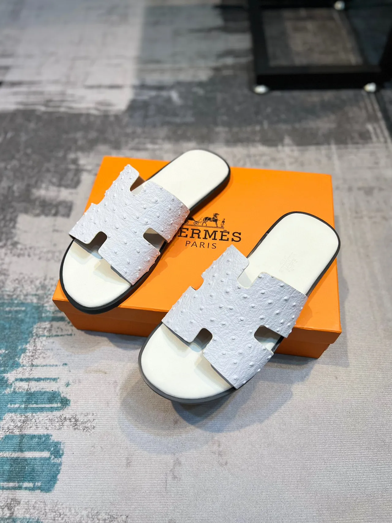 Hermès Oran Slide White Ostrich Leather Slippers 6