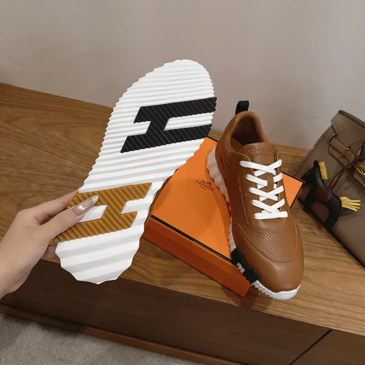 Hermès Oran Tan Perforated Leather Lifestyle Sneakers 3