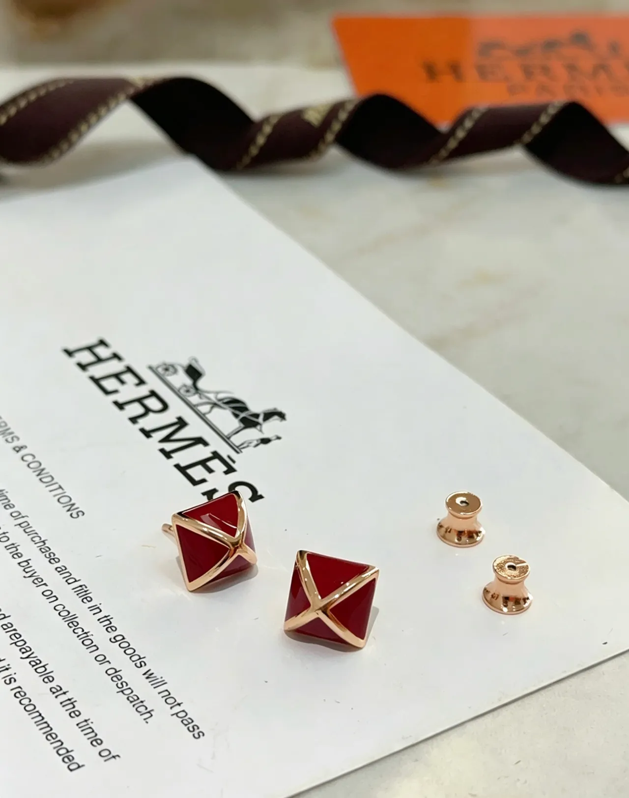 Hermès Red Enamel Pyramid Stud Earrings 2