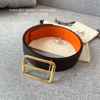 Hermès Twin Buckle Reversible Black and Orange Leather Belt