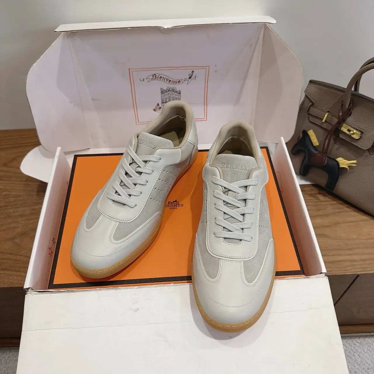 Hermès Two-Tone Perforated Leather Suede Sneakers 5