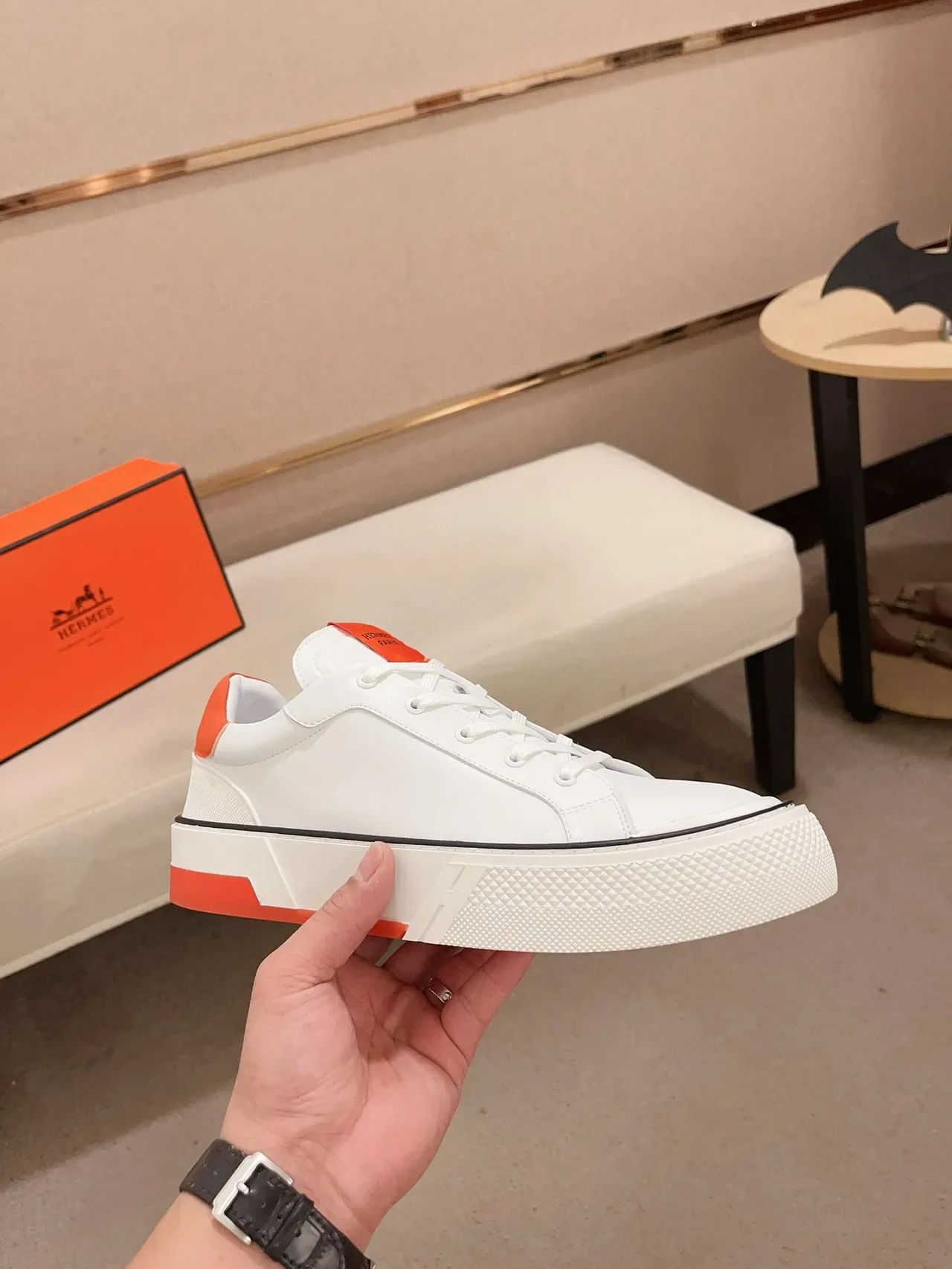 Hermès White and Orange Platform Sneaker 5